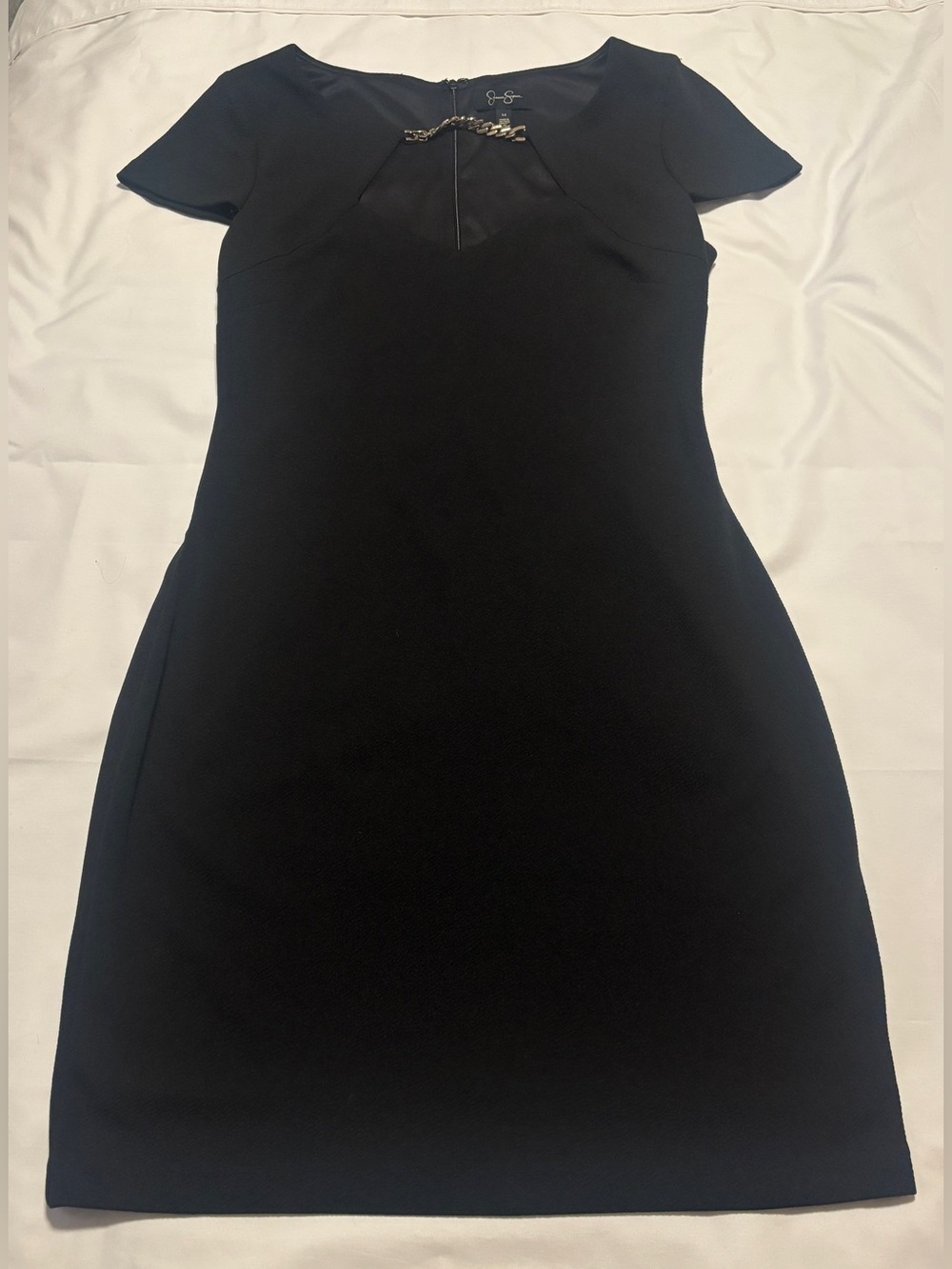 Jessica Simpson Black Short Sleeve Sheath Dress with Gold Chain Accent Size 12